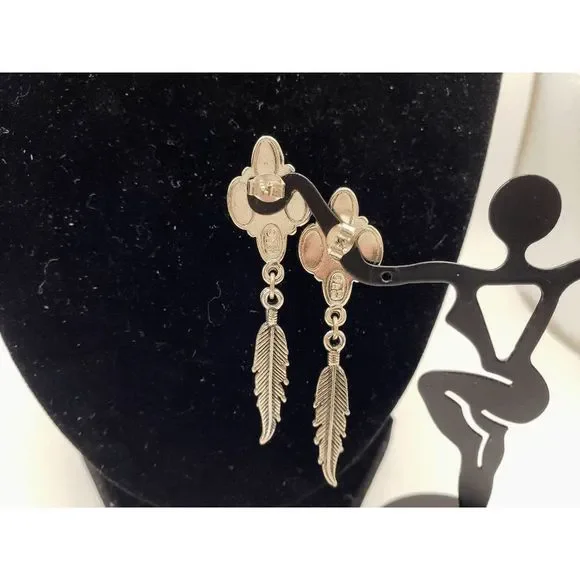 Silver-tone and Turquoise/Red Diamond Star w/Feathers Earrings - 2" inches - Picture 2 of 4